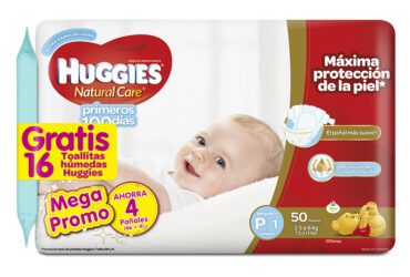 Pañal Huggies Natural Care P1 50 Unidades Gratis 16 Toallitas Húmedas