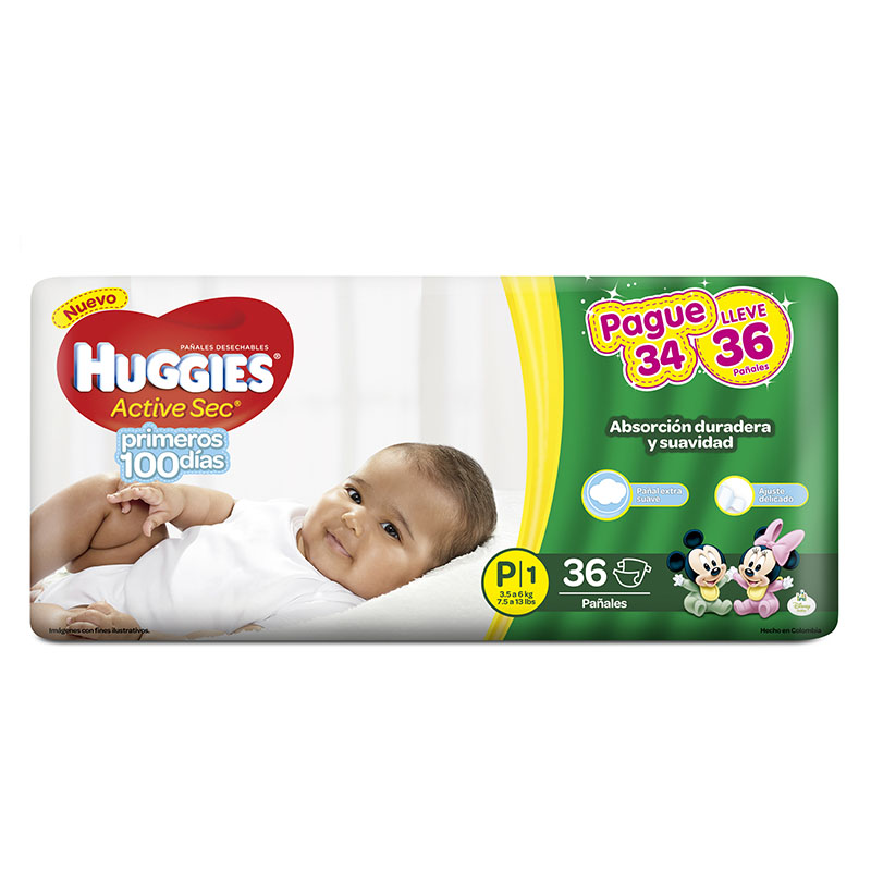 Pañal Huggies Active Sec Peq Pague 34 Lleve 36 Gratis 16 Toallitas